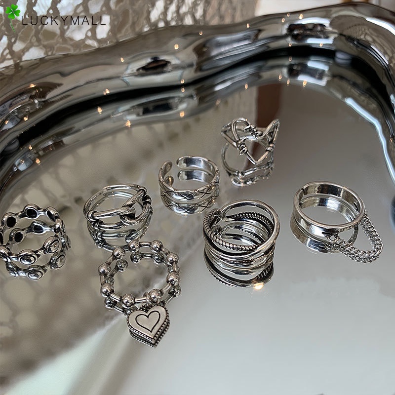 Set Perhiasan Cincin Kristal Bentuk Hati Gelombang Silang Warna Silver Gaya Vintage Untuk Wanita