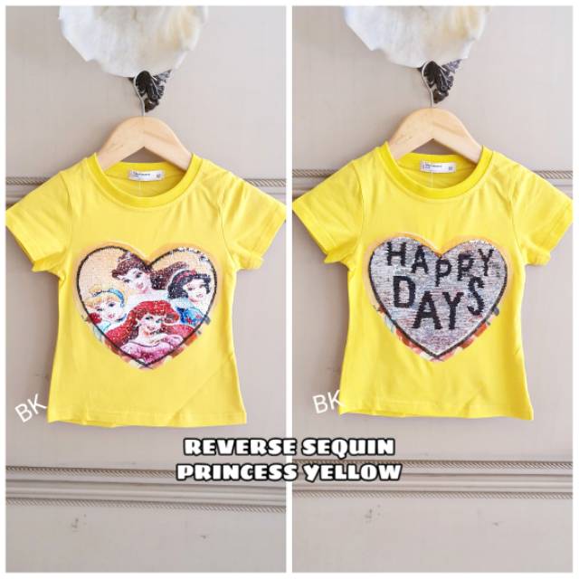 KAOS SEQUIN BERUBAH GAMBAR MOTIF PRINCESS AURORA BELLE CINDERELLA SNOW WHITE IMPORT BAGUS