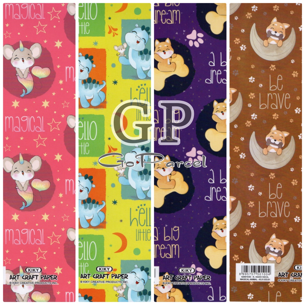 ( 5 Lembar ) KERTAS KADO KIKY - CAT CUTE ANIMAL SAFARI ANAK ANAK KIKY - GIFT WRAP PAPER SHINY GLOSSY MENGKILAP MAGICAL ANIMAL