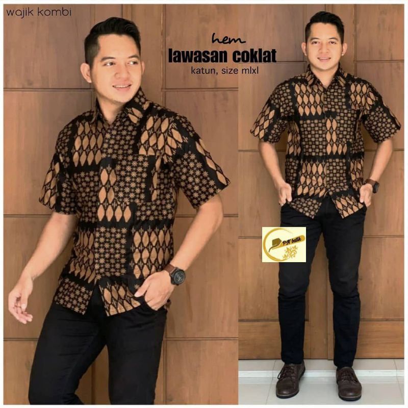 BSWART Batik HRB026 Kenongo Hem Pendek Padi Pekalongan M L XL Batik Pria MURAH Modern Grosir-Truntum wajik