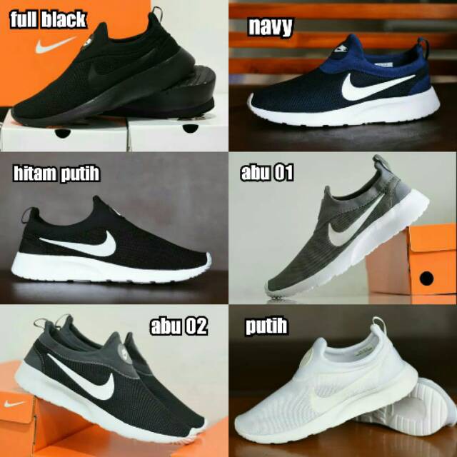 SEPATU SLIP ON SPORT RUNNING SANTAI NIKE RUN TANPA TALI ABU NAVY BLACK WHITE