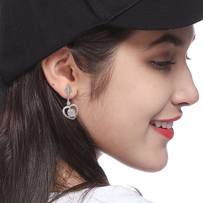 Anting Lapis Silver Bentuk Hati Aksen Kristal Bahan Cubic Zirconia Untuk Wanita