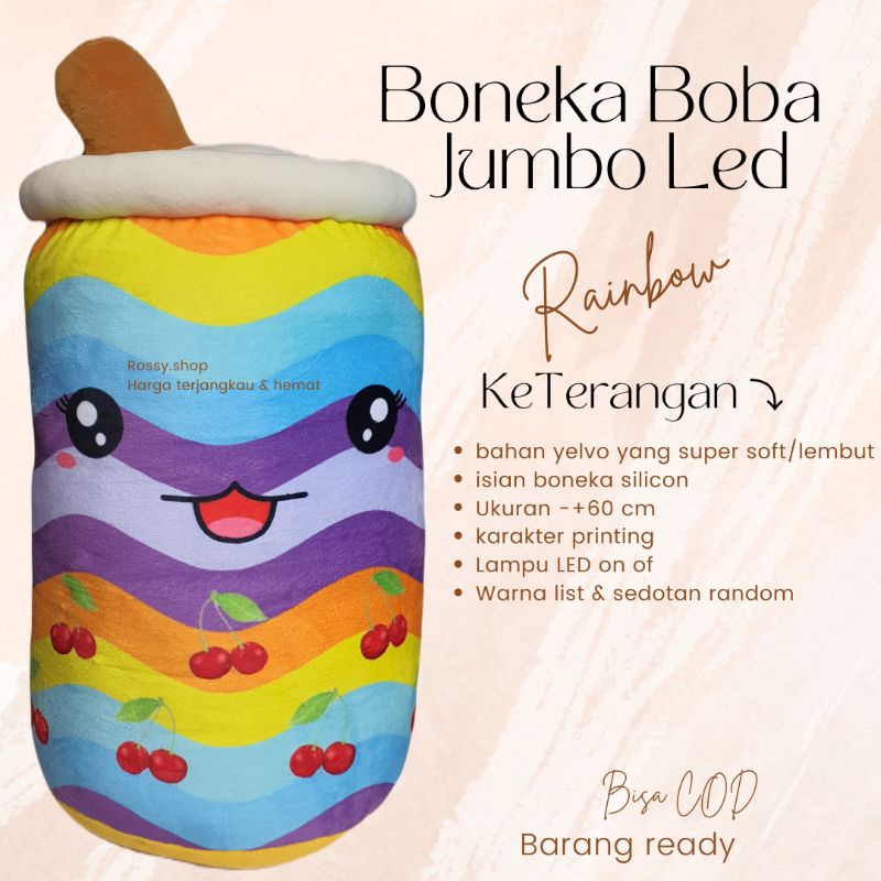 Boneka boba pelangi/boneka boba led/boneka boba rainbow jumbo/boba rainbow