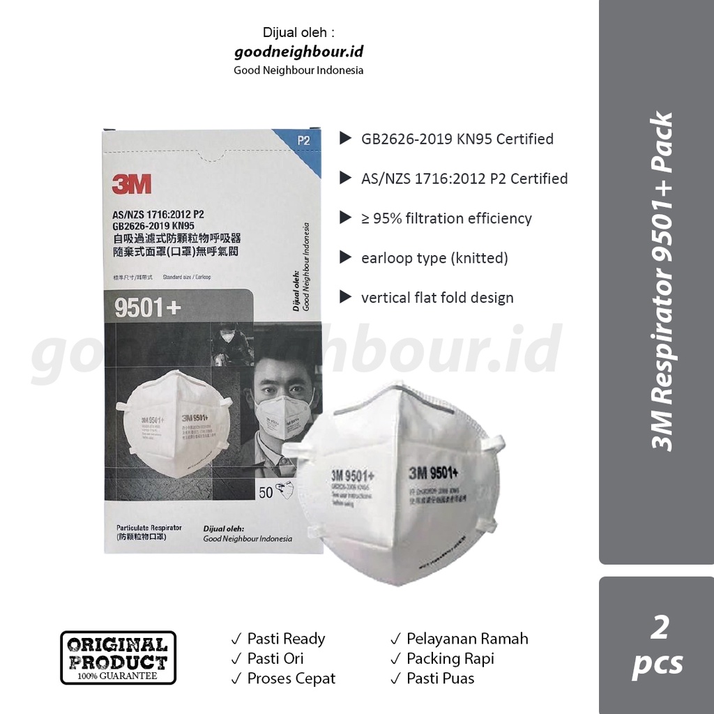 3M Respirator 9501+ KN95 P2 Masker Earloop Pack Isi 2 Pcs Sama Dengan P95 N95 FFP2 KF94 Mask Box Nex