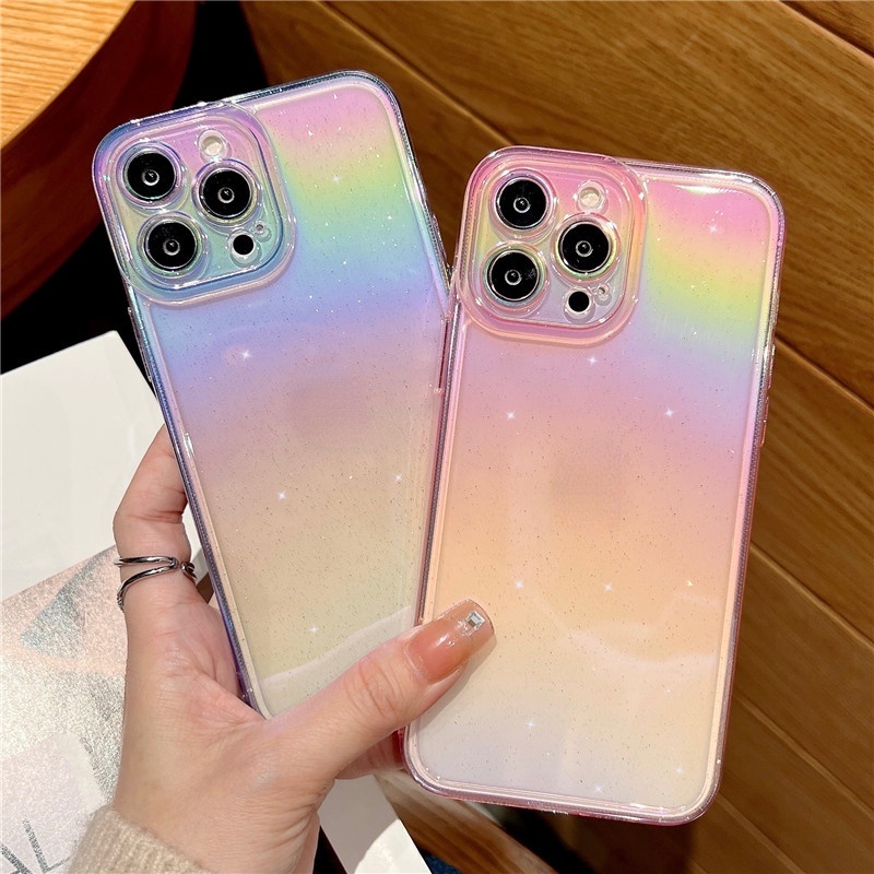 Shiny gradient rainbow transparent case iphone 11 12 13 pro max clear soft shell shockproof protective phone case