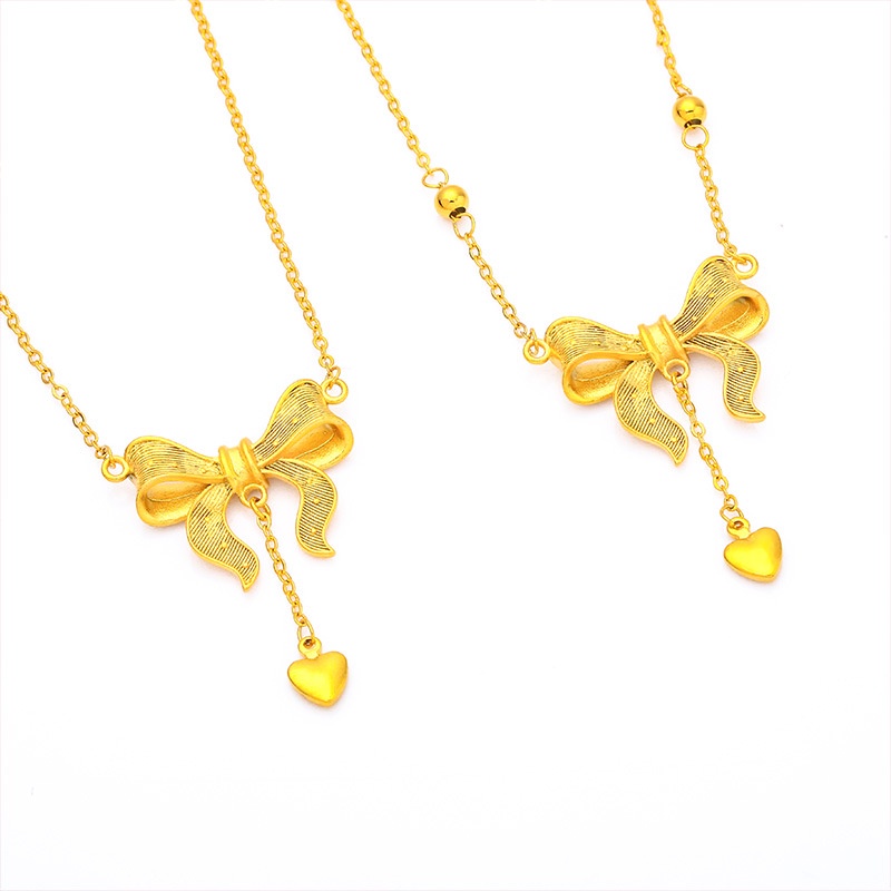 Set Kalung Rantai Emas Asli Kadar 375 Hias Manik-Manik Hati Pita Rumbai Untuk Wanita