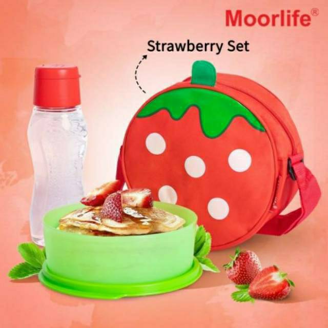 PROMO Moorlife Strawberry Lunch box set/lunchbox anak/bekal makan/kotak makan anak/bekal makan anak
