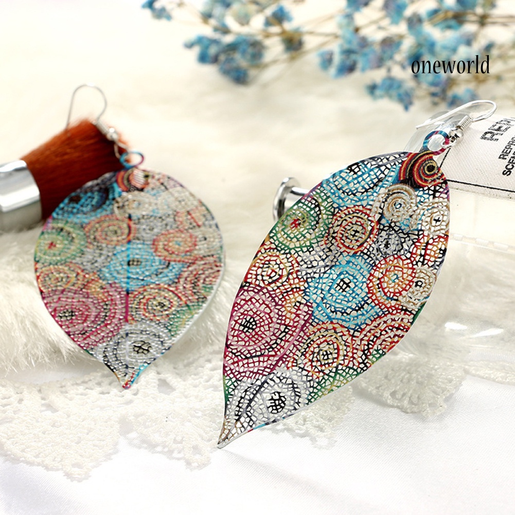 OW@ Vintage Colorful Hollowed Leaf Ear Hook Women Earrings Charm Jewelry Ornament