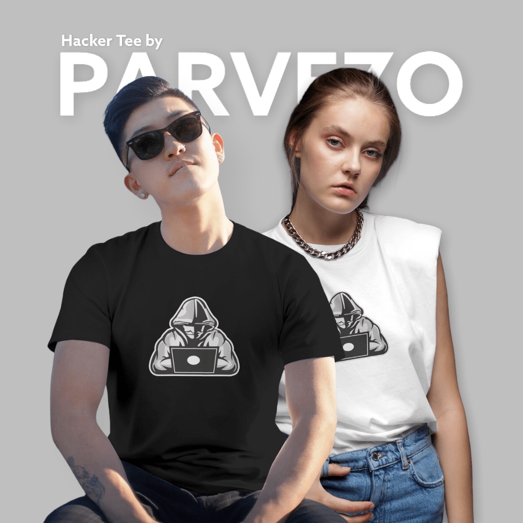 PARVEZO - Kaos Pria dan Wanita - Hacker Tee Black and White