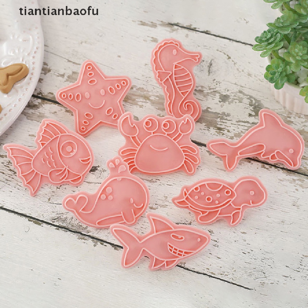 8pcs / Set Cetakan Pemotong Kue / Biskuit / Fondant Bentuk Kartun Hewan Laut / Kepiting / Lumba-Lumba 3D DIY