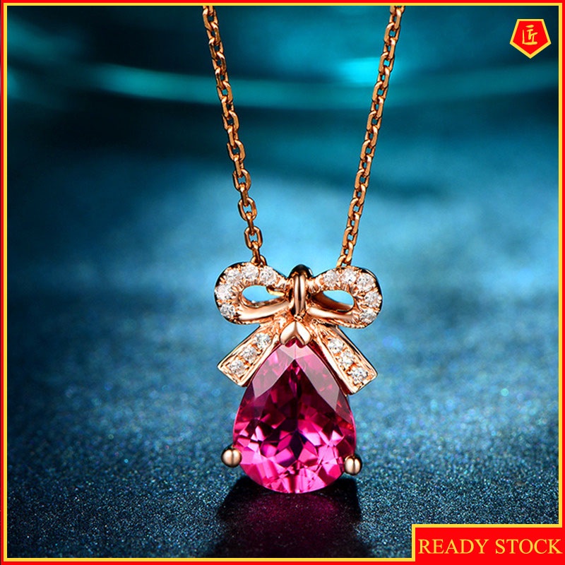 [Ready Stock]Classic Bow Inlaid Ruby Pendant Necklace