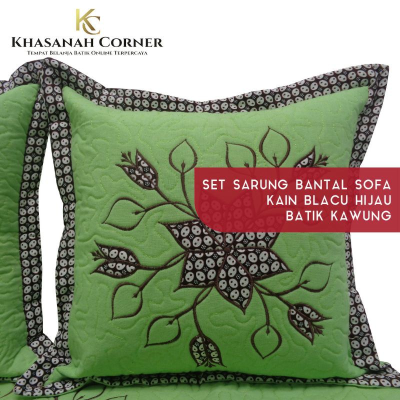 Set Sarung Bantal Sofa Kursi Taplak Meja Batik Katun Warna Hijau Daun Tosca Tua Muda Kombinasi Bordi