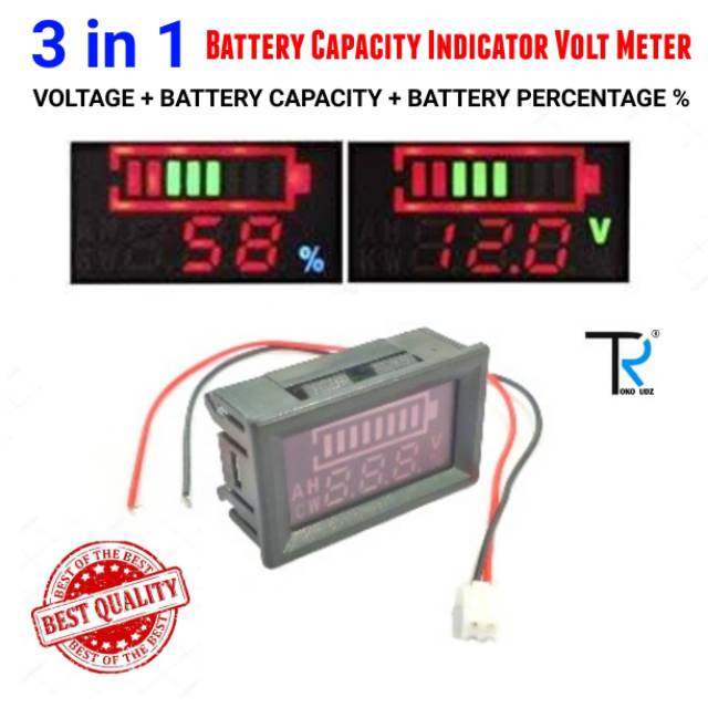 Voltmeter Digital DC 5V - 100V, 3 in 1 Volt Meter Display Indikator Kapasitas Baterai Volt Voltase Persen