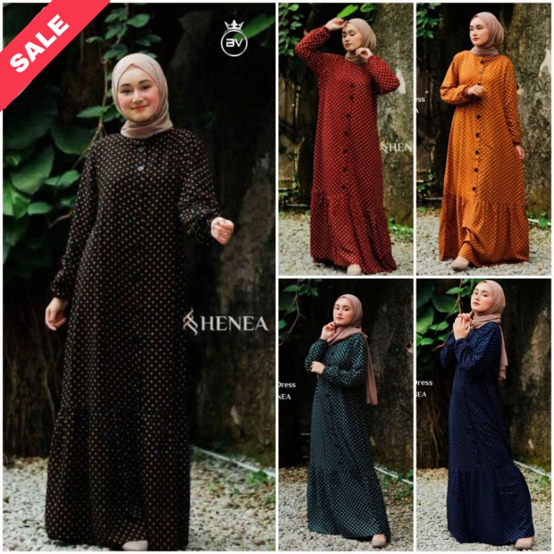 Dress Gamis Jumbo Henea Polka - Gamis Terbaru Rayon Premium Lengan Panjang  Maxidress Remaja Kekinian LD 125 cm