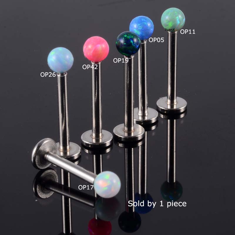 1pc Anting Tindik Bibir Desain Kepala Flat Bahan Stainless Steel 16gauge Dengan Opal Internal