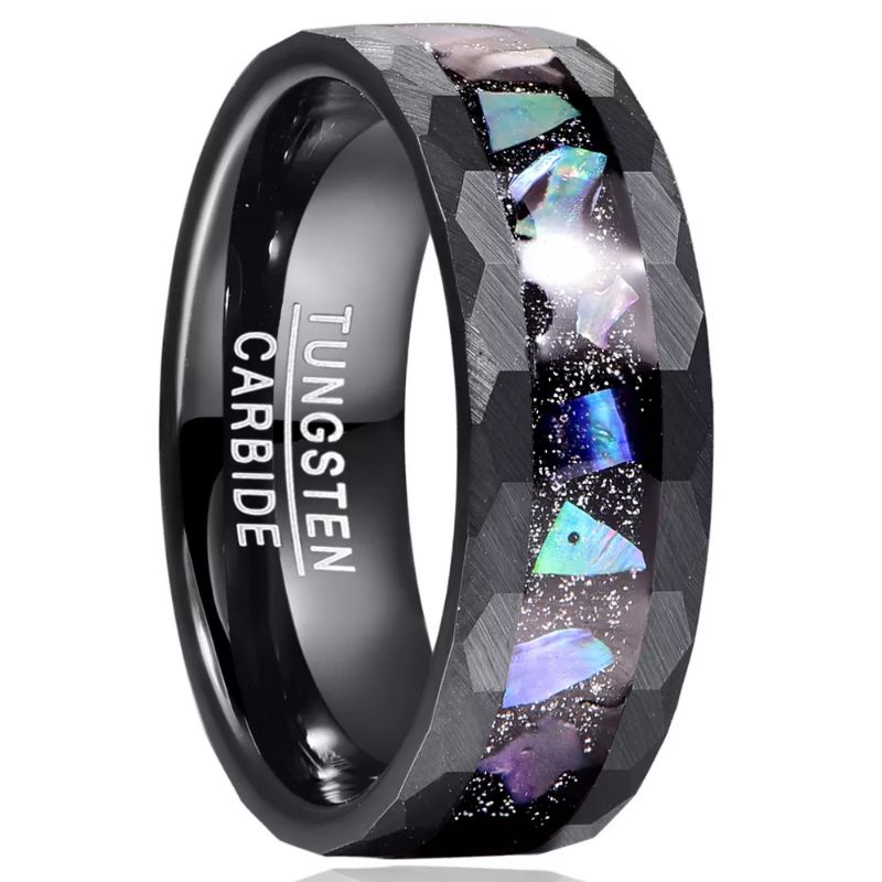 Cincin Tungsten Carbide Original Starry Sky Bottom Abalone Shell Edge Hammered Lasa Premium High Quality