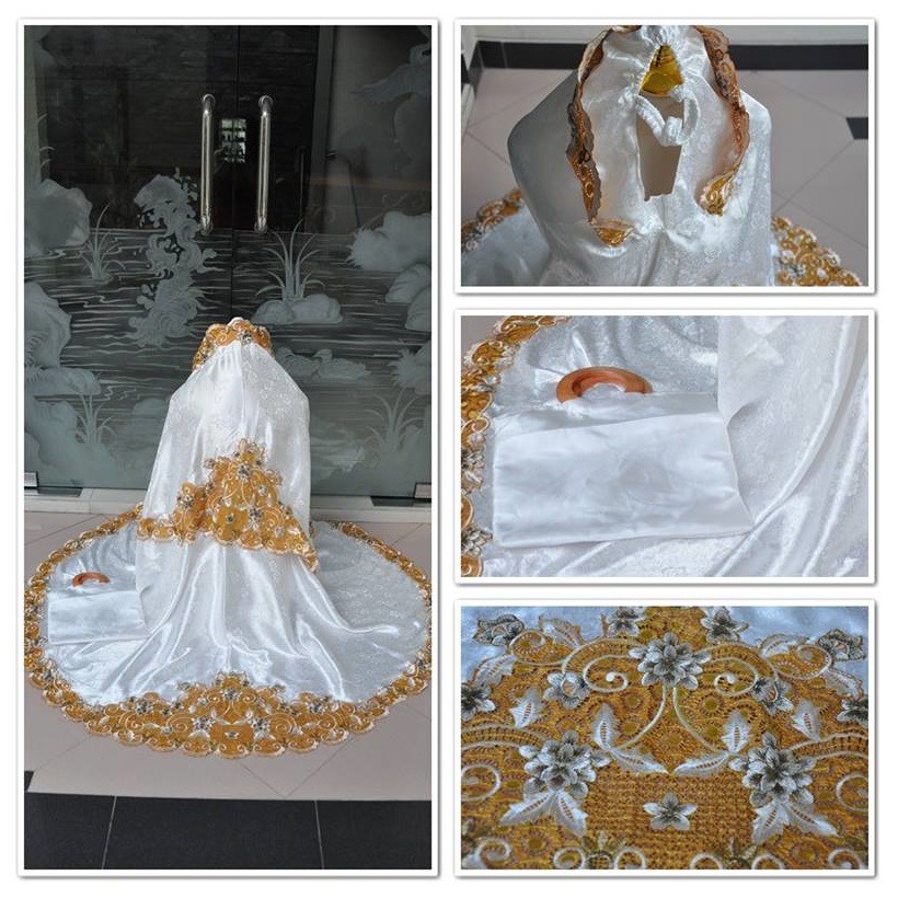 Mukena Bordir Semi Sutra Susun Tanjung Putih Kuning Emas Plus Tas