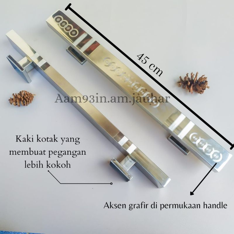 Handle Pintu Rumah 45 cm Tarikan Gagang Kunci Kupu Tarung Kotak Stainless Grafir 4x2 / 2x4 cm Glossy
