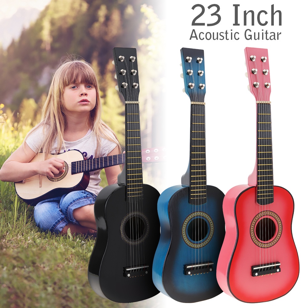 Gitar Akustik 23 Inci Bahan Basswood Hitam Dengan Senar Kawat Picks 3 Warna Untuk Anak Pemula