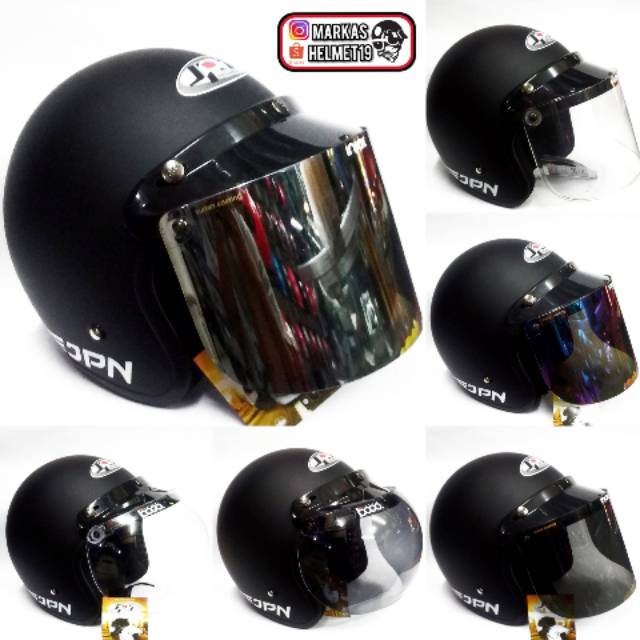 HELM BOGO JPN RETRO ARC HITAM DOP KACA DATAR & CEMBUNG ...