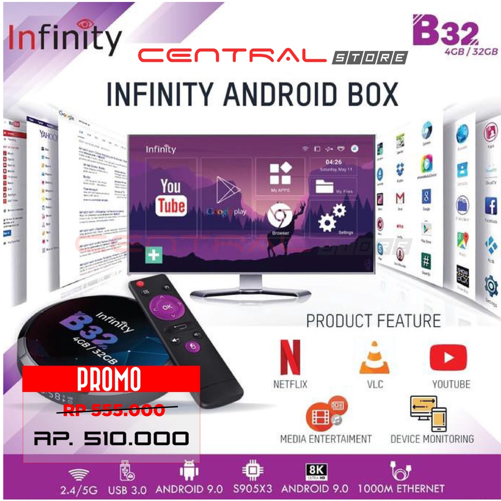 TV BOX ANDROID HD INFINITY B32 Ram 4GB Rom 32GB Wifi Bluetooth Lan