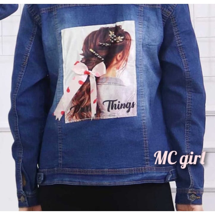 MC girl - Jaket Jeans Polos Gambar Pita 3D Wanita / Jacket Denim Gambar Belakang Pita Sequin Cewe / Jaket Lepis Gambar Pita Belakang Cewek