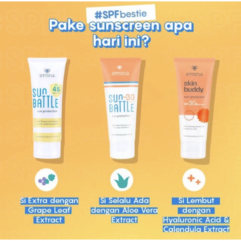 EMINA Sun Protection SPF 30 PA+++ 60mL | Emina Sun Battle SPF 45 | 30 PA+++ 30mL Sunscreen Skin Buddy