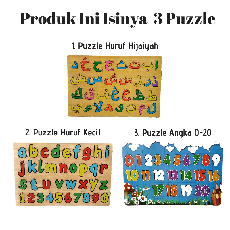 Rapid Toys Isi 3 / Paket Puzzle Kayu Edukasi Kualitas SNI / Huruf Hijaiyah Huruf Kecil Dan Angka