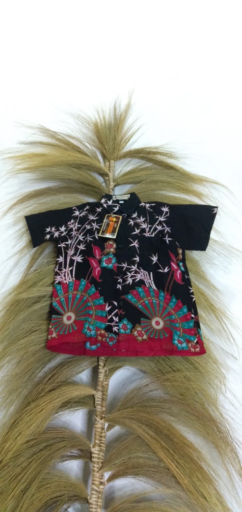 Ruzza Batik Anak Ukuran 0-15 Tahun Kemeja Motif Kipas Hitam Merah Phoenix Pink