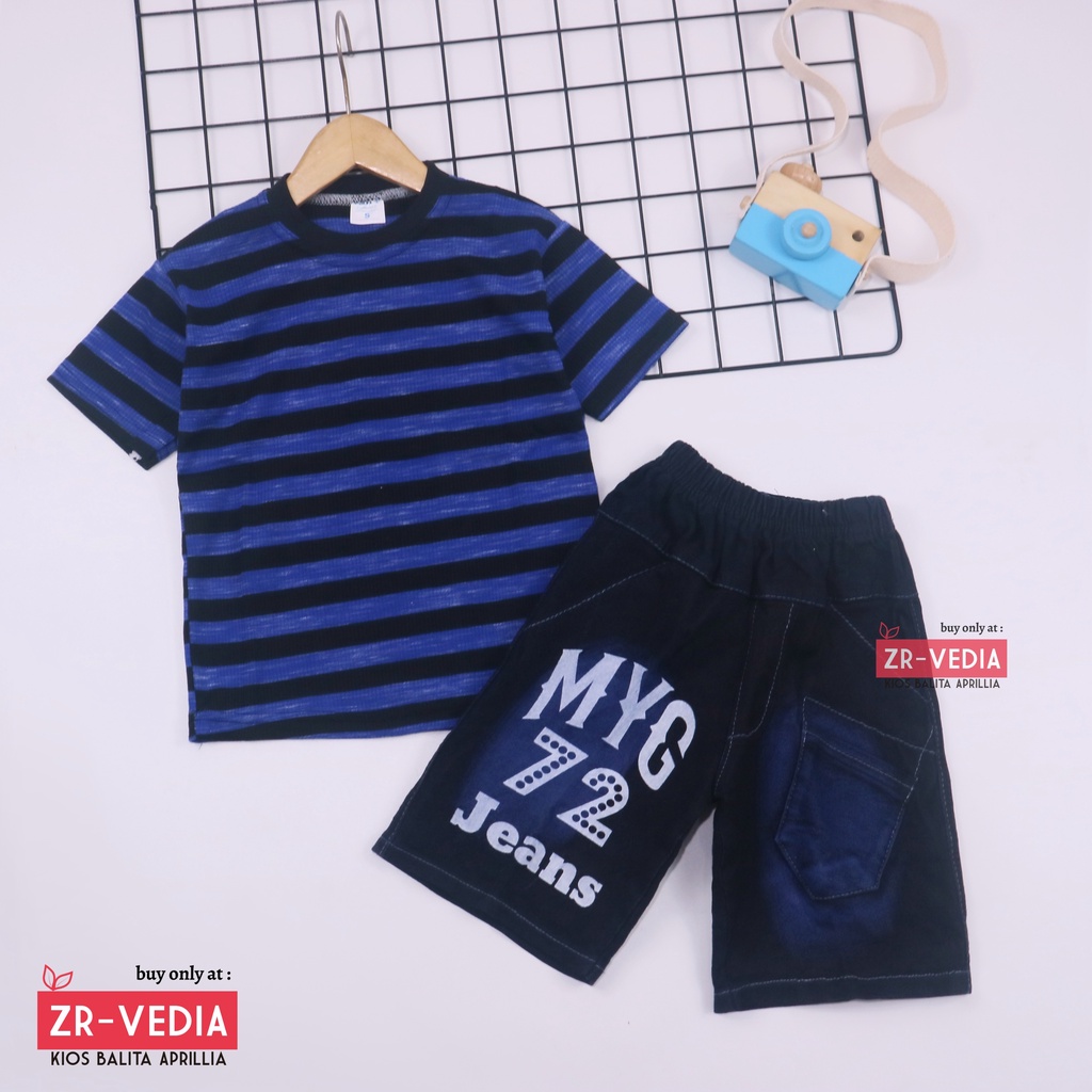 Setelan Salur Jeans uk 3-5 Tahun / Kaos Anak Laki Jeans Pendek Baju Lengan Setelan Murah Oblong