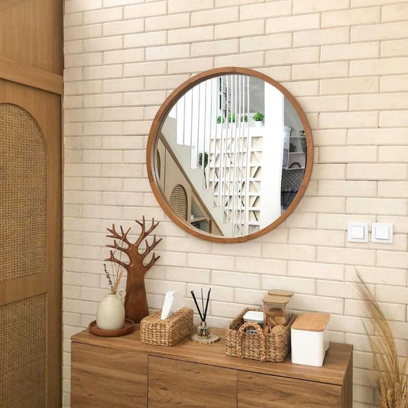 Cermin Dinding Bulat Kayu Jati 50cm - Walnut