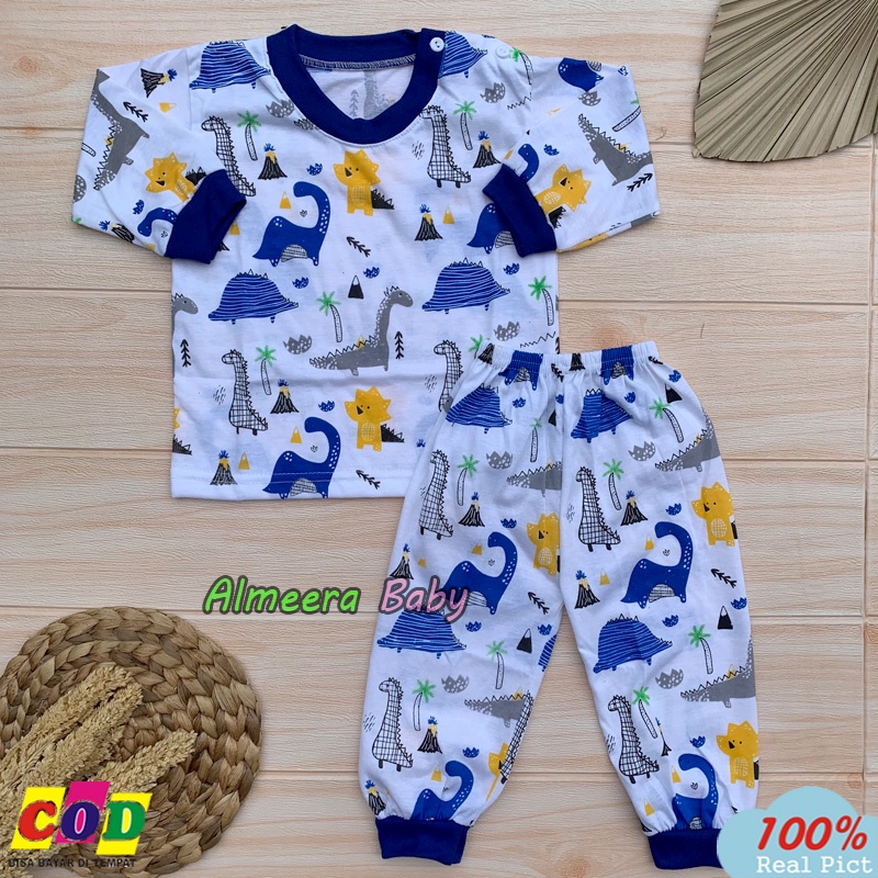 Setelan Piyama Bayi Baju Bayi Lengan Panjang Motif Dino Anak Usia 3-12 Bulan Kancing Bahu Almeera Baby and Kids