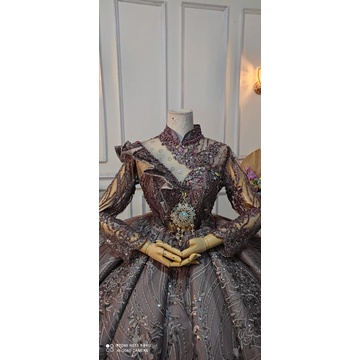 gaun creanoline non payet mewah murah warna sage moka dan taro , gaun premium, gaun pengantin mewah,