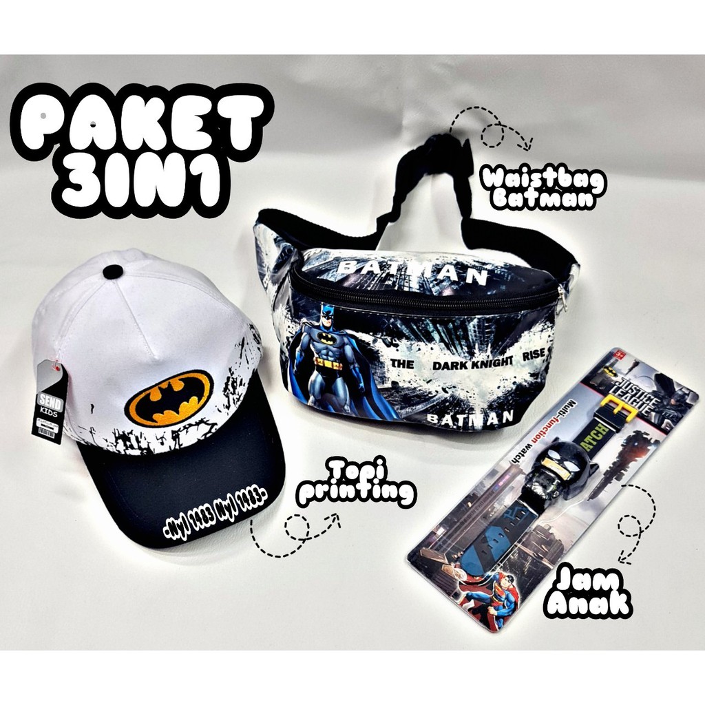 PROMO PAKET HEMAT ANAK LAKI-LAKI WAISBAGT -- TOPI PRINTING -- JAM LED