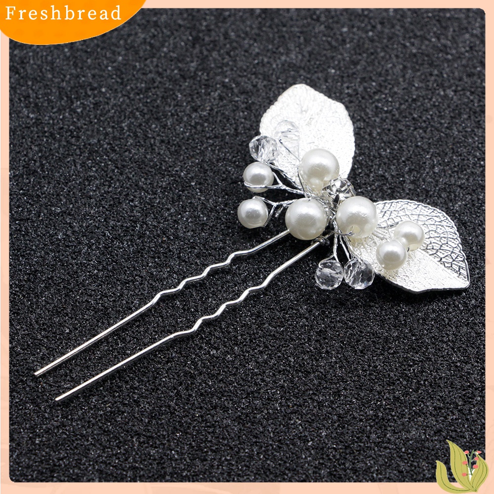 【Fresh】Bridal Wedding U Shape Leaf Rhinestone Faux Pearl Hair Stick Hairpins Gifts