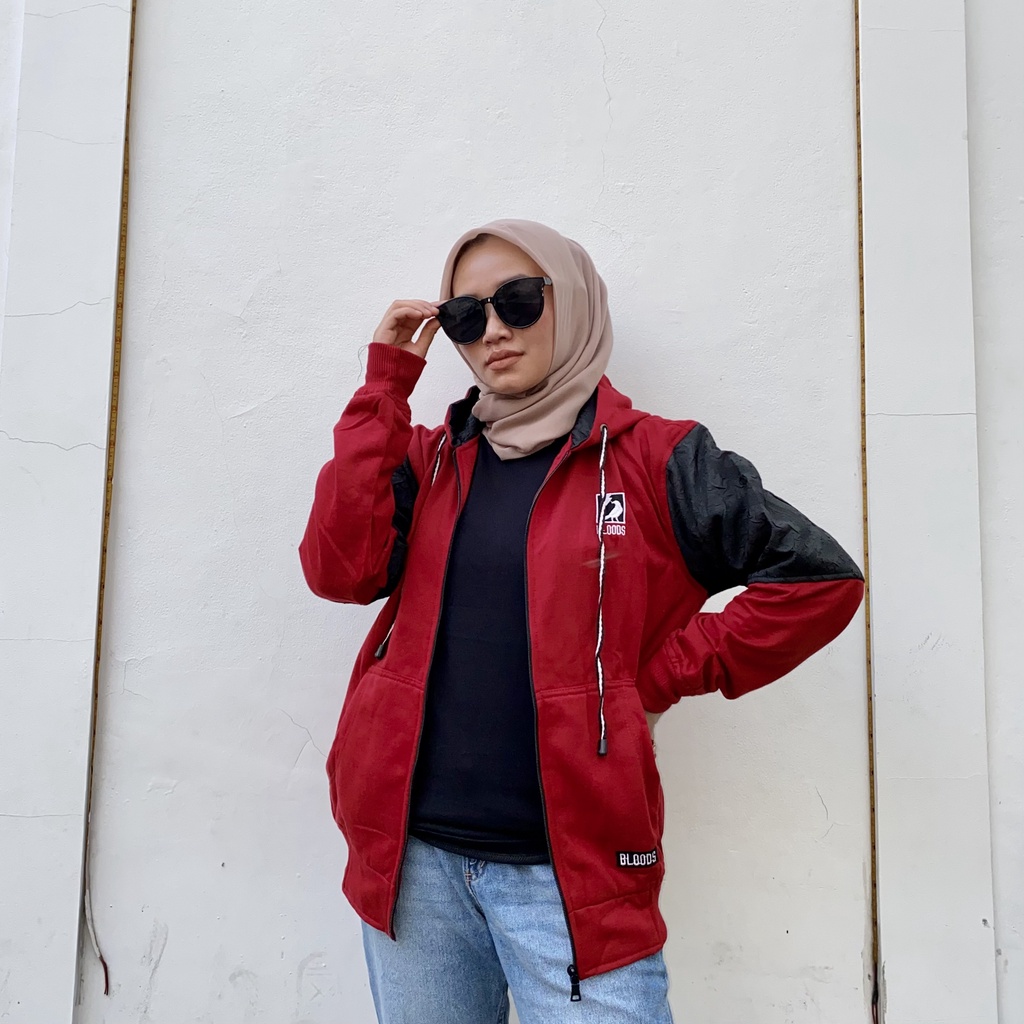 Jaket Sweater Zipper Bordir Kombinasi Qwilting MAROON BLDS