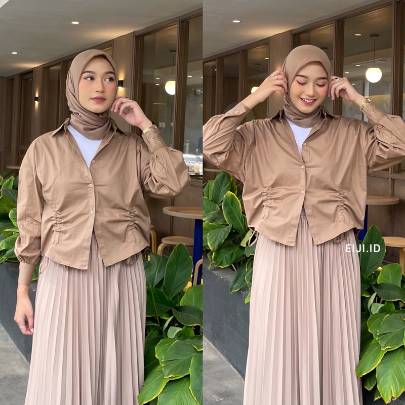 Yona Ruched Shirt - Kemeja Katun Serut Wanita Oversize Serut Depan - Atasan Wanita Lengan Panjang