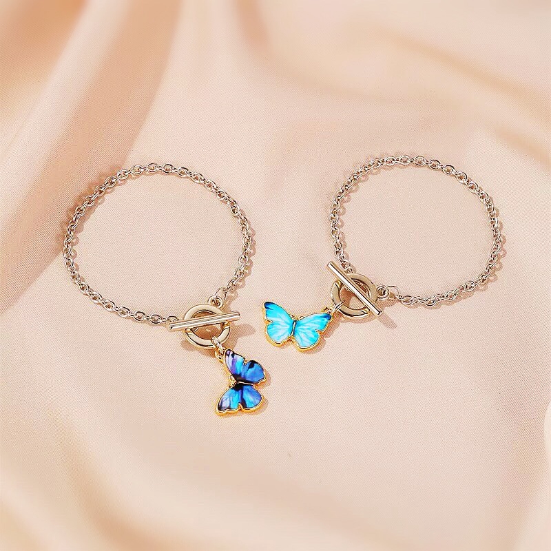 Korean Fashion Kalung Kupu-kupu Gradien Biru Gelang In Rantai Butterfly Necklace Bracelet Klavikula Wanita Gaya Aksesori Busana Couple