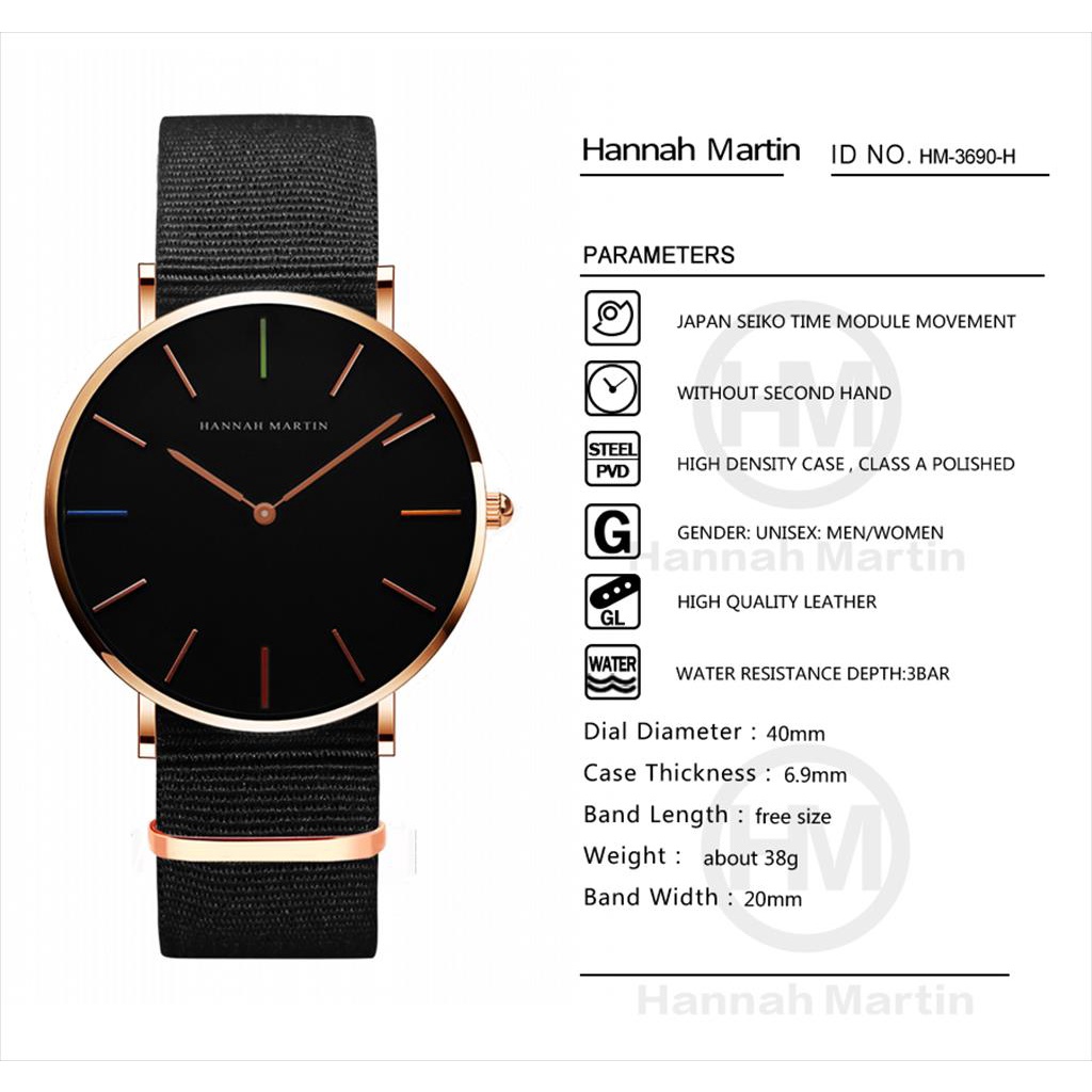 Jam Tangan Pria Hannah Martin 3690 Leather Original Premium