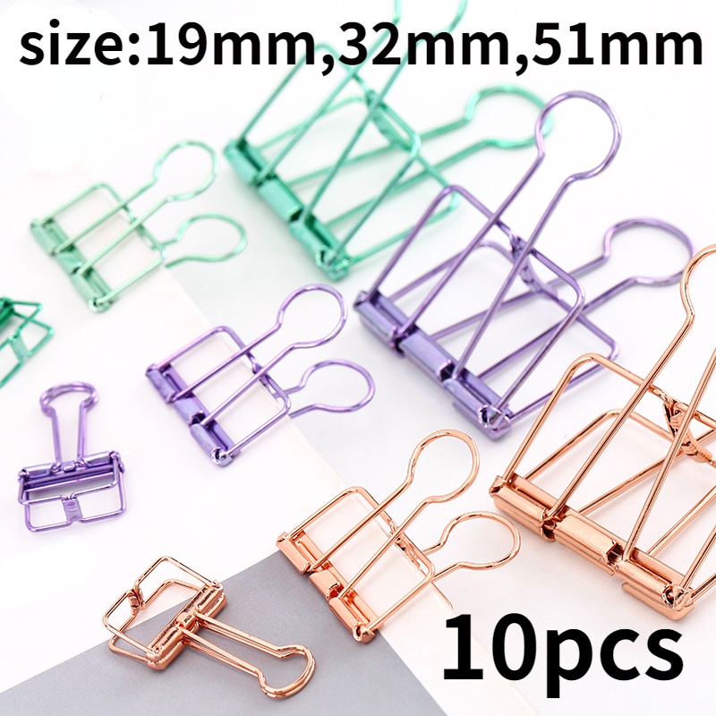 10pcs Klip Binder 3 Ukuran Warna Rose Gold / Hijau / Ungu Untuk Kantor