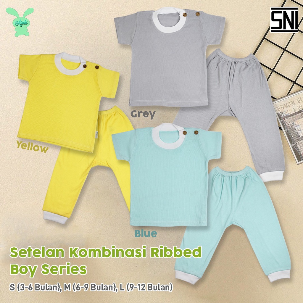 Setelan Baju Bayi Anak Kaos Oblong Pendek Celana Panjang Aruchi KP Kombinasi Ribbed Boy &amp; Girl series