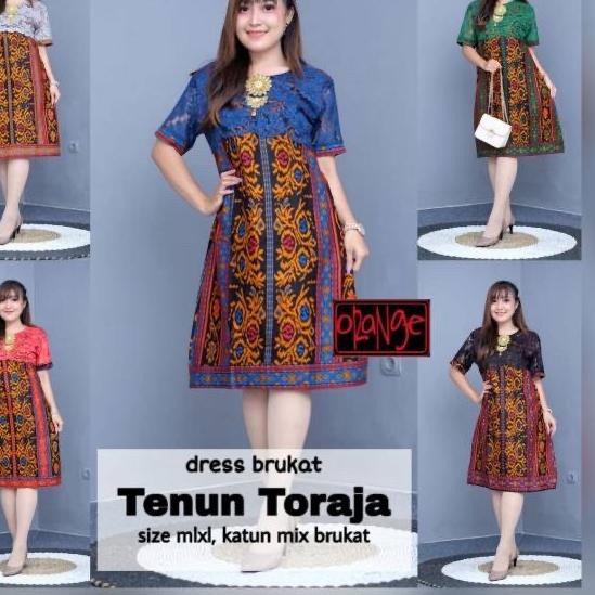 @JL-035ZS@ Dress Brokat Tenun Toraja Batik Midi Brukat Tenun Etnik Songket Broklat Pesta Kondanang S