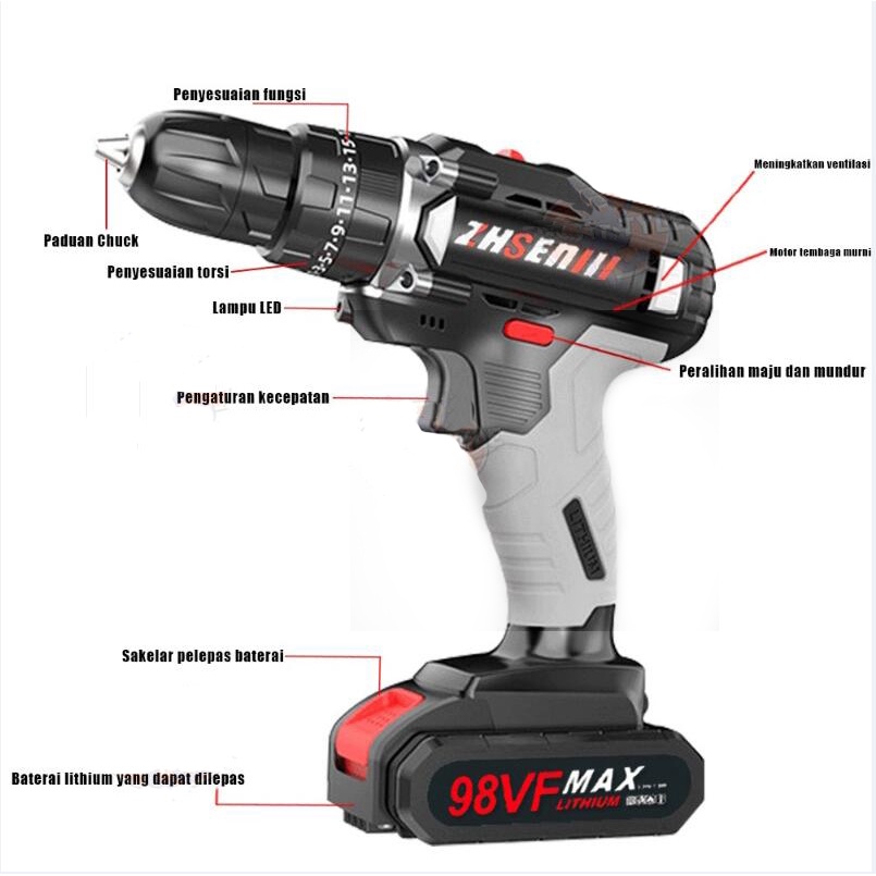 Bor Listrik Bor Tanpa kabel 98V Set Lengkap Mata Bor Cordless Drill Full Set Of Drill Bits Bor Mesin Elektrik Drill Set Reversible Mesin Bor Tangan Listrik