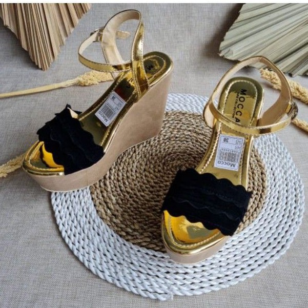 Bryan Marygold Wedges Tali Regge 12cm Sandal Wedges Mocca Hitam Motif Tali Berkualitas