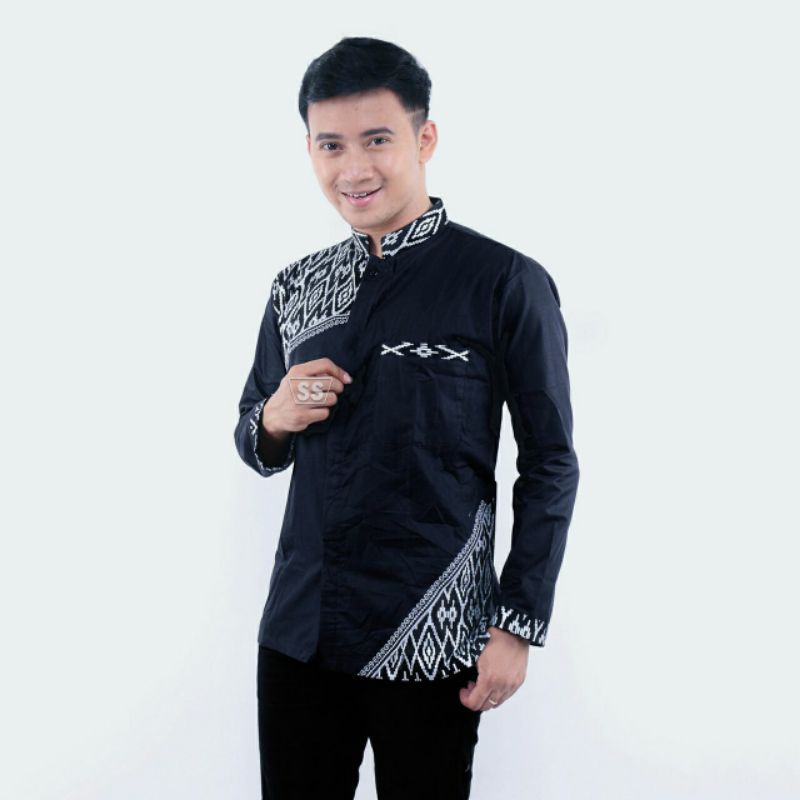 Baju Koko Pria Terbaru Kombinasi Batik Lengan Panjang Bahan Katun Motif Batik Dan Bordir Komputer Modern | Baju Koko Dewasa