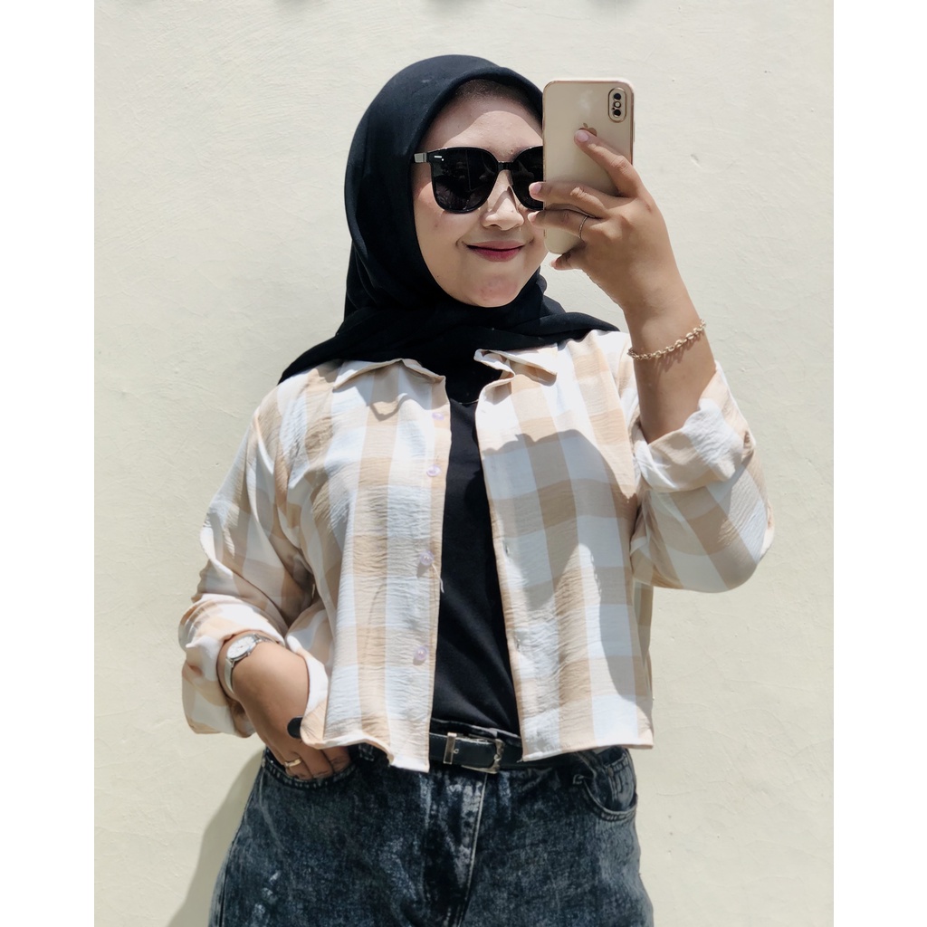 Kemeja Crop Tartan Kemeja Crop Shirt Crinkle Kotak Alika Blouse Crinkle