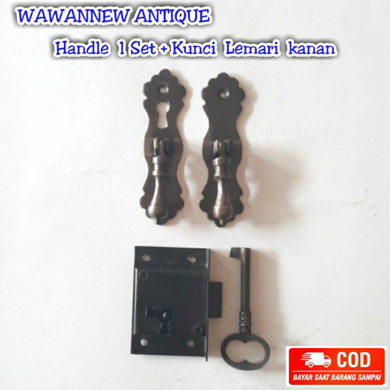 Handle / Tarikan Laci Lemari Jendela Pintu Rumah Kuningan + Kunci Gerobok 9.5cm