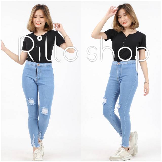 Celana Jeans Highwaist Sobek Bulu Stretch