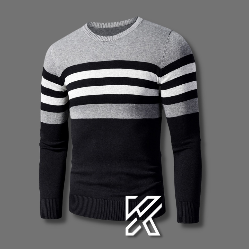 Sweater Rajut Pria Bahan Tebal 7 Gauge Modis Korea Style Motif Garis Croos Line..