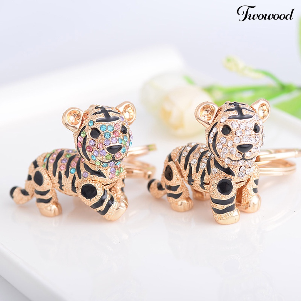 Twowood Key Ring Vivid Rhinestone Decor Multi-Color 3D Tiger Pendant Charming Key Chain for Purse